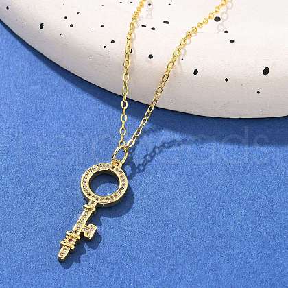 Brass Micro Pave Cubic Zirconia Ring Key Pendant Necklaces for Women NJEW-R027-03G-03-1