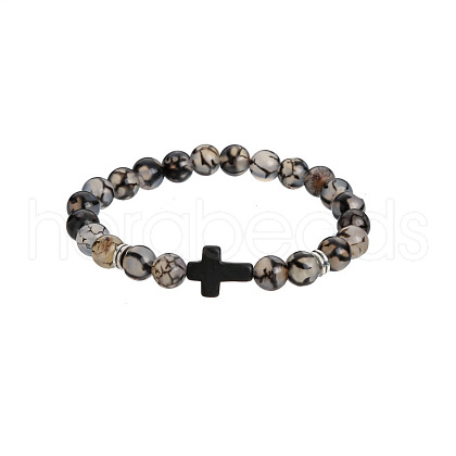 Natural Dragon Veins Agate Round & Black Stone Cross Beaded Stretch Bracelets AL9928-8-1