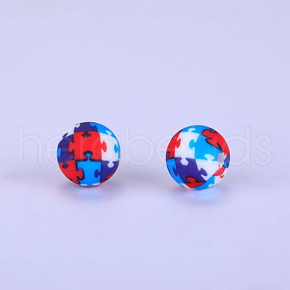Printed Round with Puzzle Pattern Silicone Focal Beads SI-JX0056A-191-1