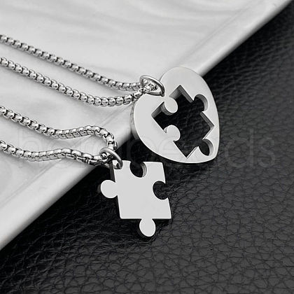 2Pcs 2 Styles Heart Puzzle 201 Stainless Steel Pendant Box Chain Couple Necklaces FS-WG816E6-06-1