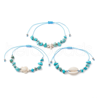 3Pcs 3 Styles Synthetic Turquoise & Natural Magnesite Braided Starfish & Tortoise & Shell Shape Beaded Bracelets BJEW-JB10200-1
