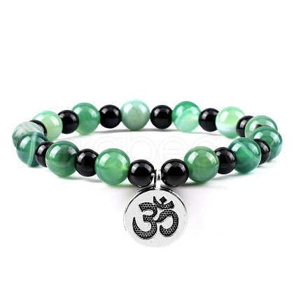 Yoga Natural Dyed Green Banded Agate Round Beads Charm Bracelets HP5240-6-1