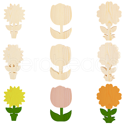 AHADERMAKER 9Pcs 3 Styles Unfinished Wood Flower Ornaments DIY-GA0007-09-1