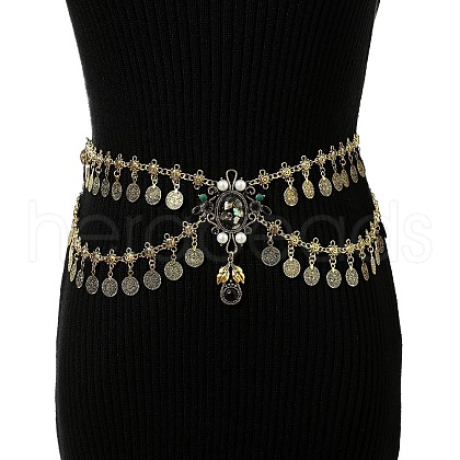 Alloy & Rhinestone & Plastic Pearl Double Layer Coin Tassel Waist Belly Chains for Dancer FS-WG8EEAF-05-1