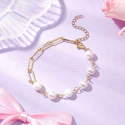 Brass Paperclip & Shell Pearl Chains Bracelets for Women BJEW-JB11601-02-1