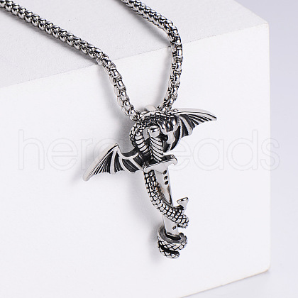 Retro Rock Punk Men's Dragon Sword Stainless Steel Pendant Necklaces EG4389-1-1
