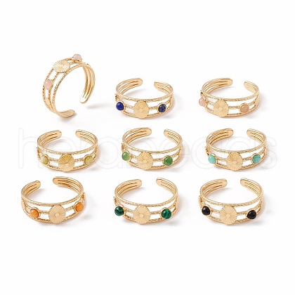 Natural Gemstone and Flat Round Open Cuff Ring RJEW-B039-02G-1