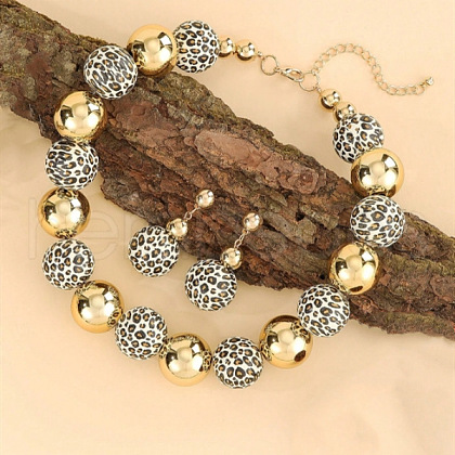 Alloy & Wood & CCB Plastic Round Beaded Necklaces & Stud Dangle Earrings Sets FS-WGB5D6A-04-1