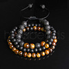 3Pcs Matte Natural Black Agate & Tiger Eye Adjustable Braided Bracelets Sets for Men WA4886-2