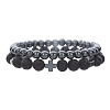 Round Natural Lave Rock & Synthetic Non-magnetic Hematite Beaded Stretch Bracelet Sets WC8951-2-1