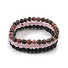 3Pcs 3 Style Natural Rhodonite & Black Agate & Rose Quartz Round Beaded Stretch Bracelets Set PW23030761414-4