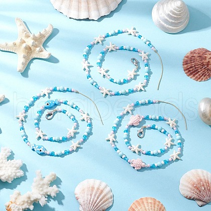 Starfish & Fish & Tortoise Synthetic Turquoise & Porcelain & Glass Seed Beaded Pendant Decorations HJEW-JM03182-1