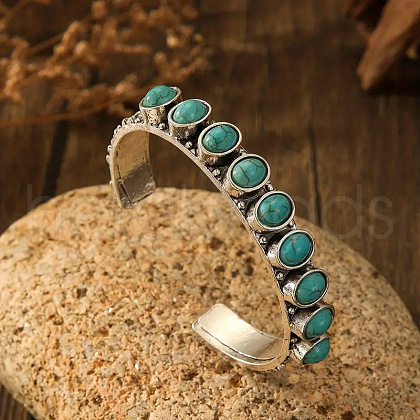 Bohemian Style Oval Alloy Synthetic Turquoise Beads Cuff Bangles for Women WG13159-02-1