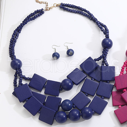Bohemian Style Wood Square & Round Beaded Multilayer Necklaces & Dangle Earrings Sets FS-WG2F343-08-1