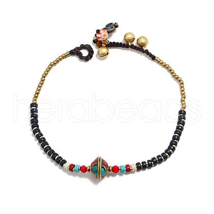 Alloy Rondelle & Dyed Synthetic Turquoise Heishi Braided Beaded Adjustable Anklets for Women FS-WG1CCC6-01-1
