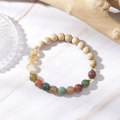 Natural Wood & Citrine & Indian Agate Round Beaded  Bracelets for Women BJEW-JB11930-03-1