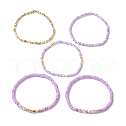 5Pcs 5 Styles Handmade Polymer Clay & Glass Stretch Bracelets BJEW-JB10971-02-1