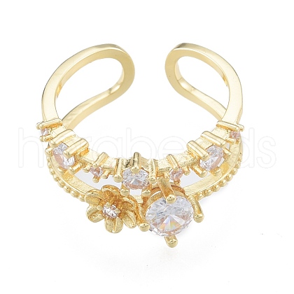 Clear Cubic Zirconia Flower Open Cuff Ring RJEW-G261-14G-1