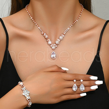 Teardrop & Flower Alloy Crystal Rhinestone Pendant Necklace & Stud Dangle Earrings & Bracelets Sets FS-WGA0F52-03-1