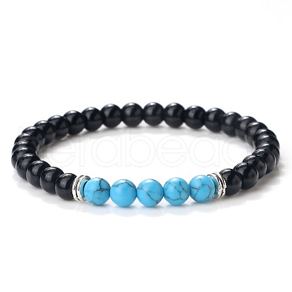 Simple Fashion Natural Dyed & Heated Black Agate & Synthetic Turquoise Beaded Stretch Bracelets for Women KD8303-2-1