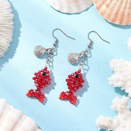Fish with Shell Shape 304 Stainless Steel Glass Beads Dangle Earrings EJEW-MZ00436-02-1