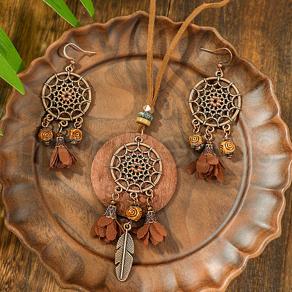 Bohemian Style Alloy & Wood & Leather Dangle Earrings & Necklaces Sets FS-WG3D99C-01-1