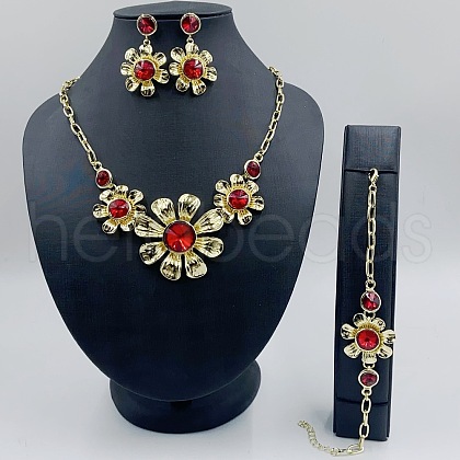 Flower Alloy Rhinestone Pendant Necklace & Stud Dangle Earring & Link Bracelets Sets FS-WG49F82-02-1
