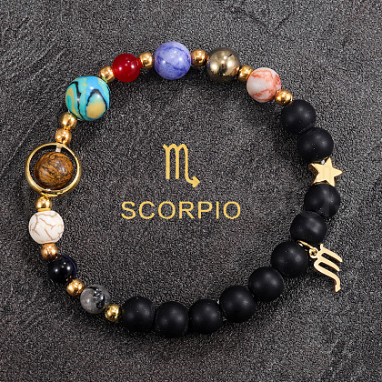 12 Zodiac Sign Natural Black Obsidian Round Beads & Synthetic Mixed Gemstone Beads Charm Bracelets for Men Women WG666A9-09-1