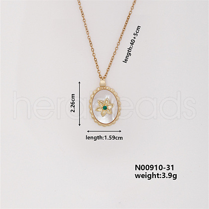 Elegant Vintage Brass Micro Pave Cubic Zirconia Oval with Flower Pendant Necklace for Women UW4443-3-1