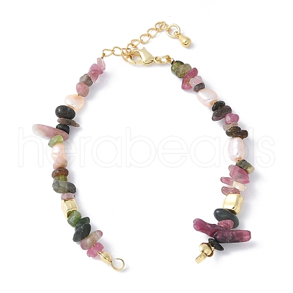 Brass & Natural Pearl & Tourmaline Chip Beaded Bracelet Making KK-F892-20G-1