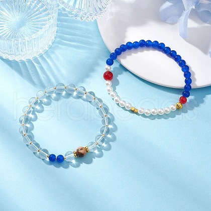 1Pcs Crystal Glass Round Beads Stretch Bracelets & 1Pcs Round Glass with ABS Plastic Imitation Pearl Beaded Strech Bracelets for Women BJEW-JB11733-1