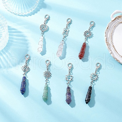 Chakra Copper Wire Wrapped Bullet Natural Quartz Crystal & Green Aventurine & Rose Quartz & Amethyst & Lapis Lazuli & Carnelian & Obsidian Pendant Decoration HJEW-JM03292-1