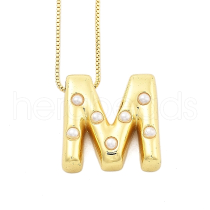 Brass & Plastic Pearl Letter Pendant Box Chain Necklaces for Women NJEW-U017-01G-13-1