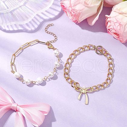 2Pcs 2 Styles Bowknot Aluminium Twisted Curb Chains Bracelet & Brass Paperclip & Shell Pearl Chains Bracelet Set for Women BJEW-JB11601-1
