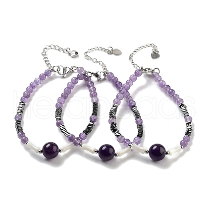 Natural Amethyst Round & Synthetic Non-magnetic Hematite & White Shell Beaded Bracelets for Women BJEW-K251-02F-1