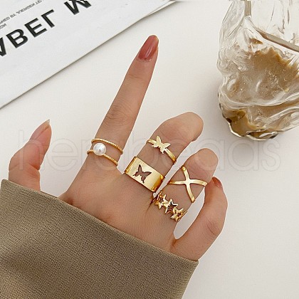 6Pcs Alloy with Plastic Pearl Finger Rings WG0612F-04-1