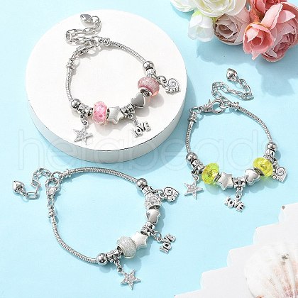 3Pcs 3 Colors Brass European Beads Charm Bracelet Sets BJEW-JB11586-1