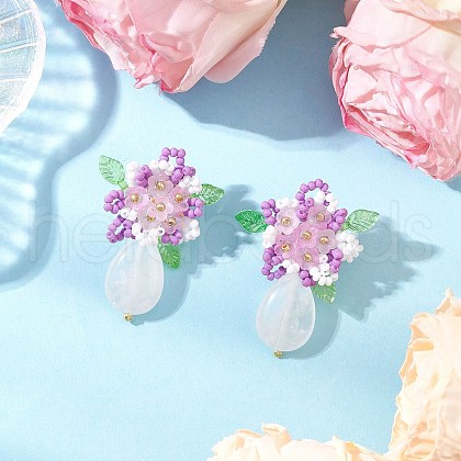 Handmade Glass Seed Beads Natural Quartz Crystal Stud Earrings EJEW-MZ00449-01-1