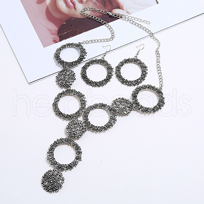 Ring & Flat Round Alloy Pendant Necklace & Dangle Earring Sets FS-WG0C96B-02-1
