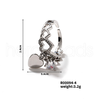 Elegant Heart Brass Micro Pave Cubic Zirconia Open Cuff Ring for Women MT9087-4-1
