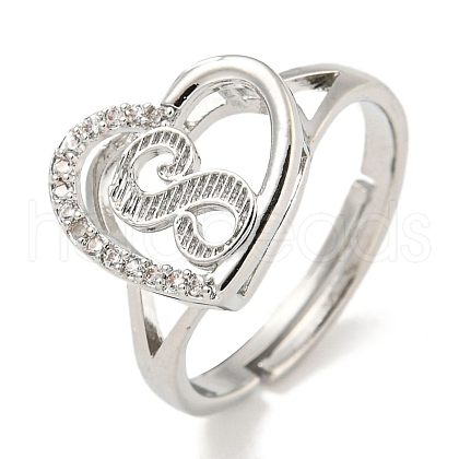 Heart with Letter Rack Plating Brass Micro Pave Cubic Zirconia Adjustable Rings for Women RJEW-I105-06P-S-1