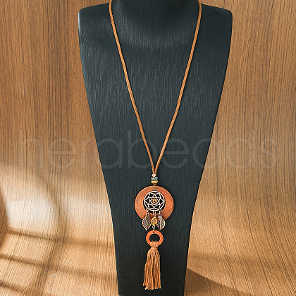 Bohemian Alloy & Wood Woven Web/Net with Feather & Leaf Tassel Pendant PU Leather Cord Necklaces for Women FS-WG8596C-06-1