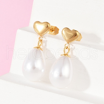 Heart with Teardrop 304 Stainless Steel Dangle Stud Earrings for Woman EJEW-F366-01G-03-1