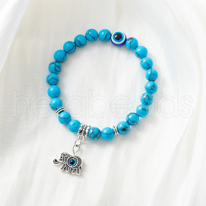Synthetic Turquoise Stretch Bracelet with Evil Eye Charms SM1499-4-1