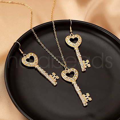 Heart Key Alloy Crystal Rhinestone Pendant Necklaces & Dangle Earrings Sets FS-WGEF036-01-1