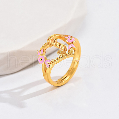 Heart & Flower Brass Pearl Pink Enamel Adjustable Finger Rings FS-WG8B9BA-09-1