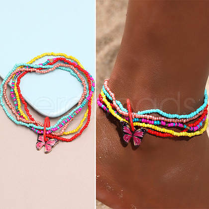Bohemian Resin & Glass Seed Beaded Stretch Multi-Layered Anklet Sets WG187EB-05-1