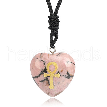 Natural Rhodonite Heart Engraved AnKh Cross Pendant Personalized DIY Necklaces SC1205-10-1