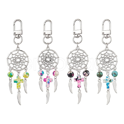 4Pcs Woven Net/Web with Wing Alloy & Synthetic Turquoise Cross Round Pendant Decoration HJEW-JM03055-1