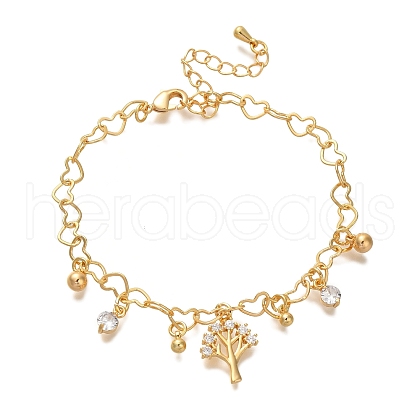 Tree Brass Micro Pave Clear Cubic Zirconia Charm Bracelets for Women BJEW-L696-006G-1
